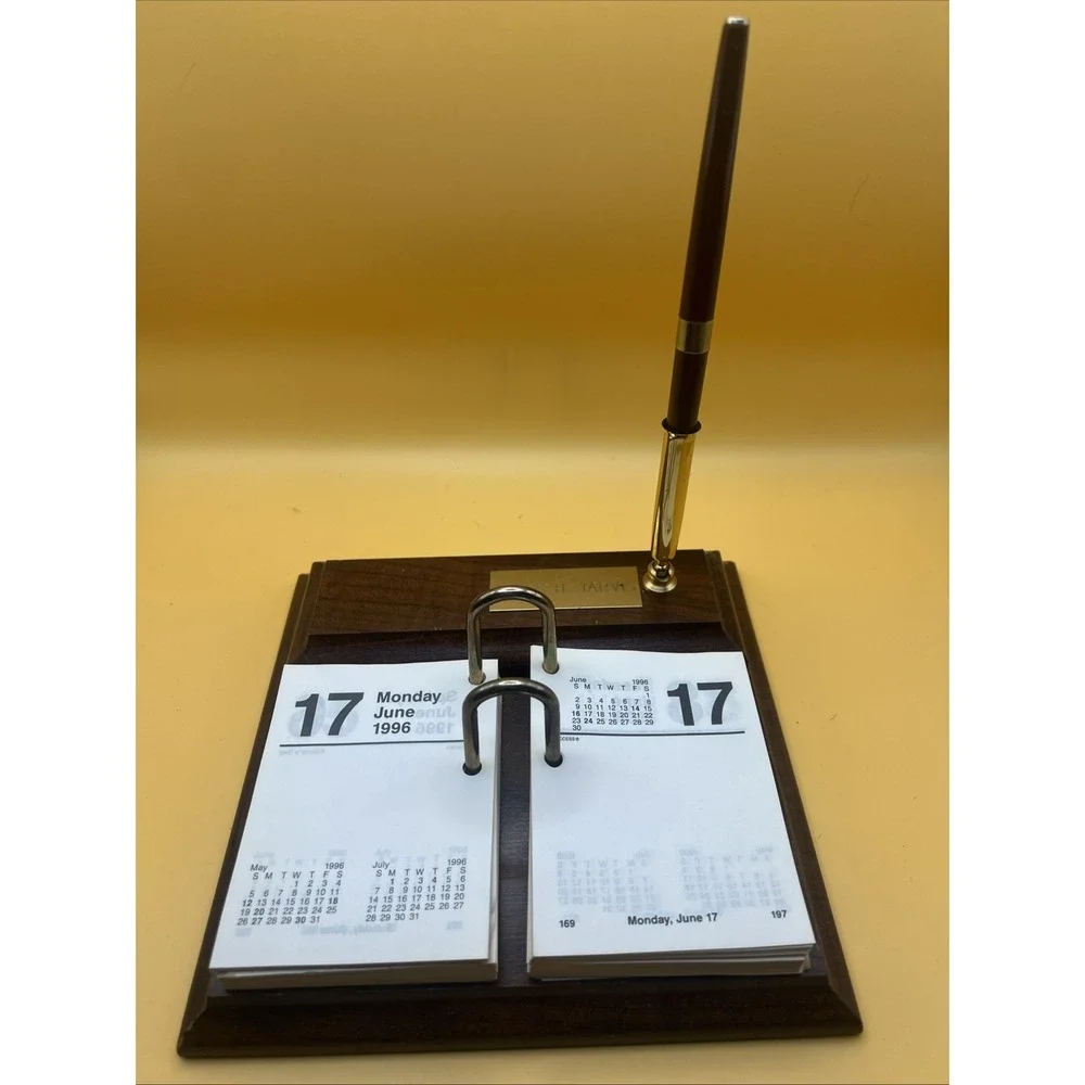 Vintage Perpetual Flip Calendar With Wood Base And Ink Pen